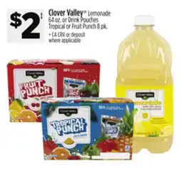 Dollar General Clover Valley Lemonade 64 oz. or Drink Pouches Tropical or Fruit Punch 8 pk offer