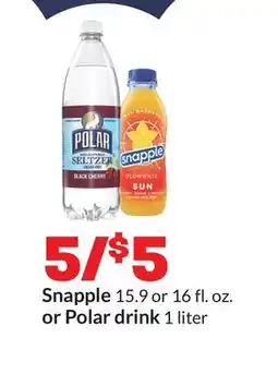 Hy-Vee Snapple 15.9 or 16 fl. oz. or Polar drink 1 liter offer