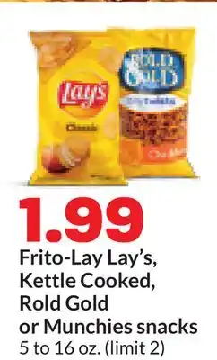 Hy-Vee Frito-Lay Lay's, Kettle Cooked, Rold Gold or Munchies snacks offer