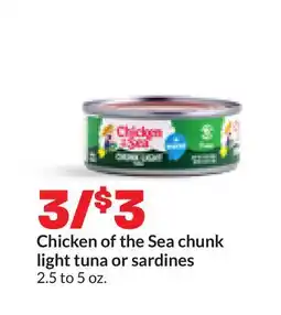 Hy-Vee Chicken of the Sea chunk light tuna or sardines offer