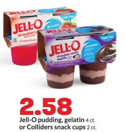 Hy-Vee Jell-O pudding, gelatin 4 ct. or Colliders snack cups 2 ct offer