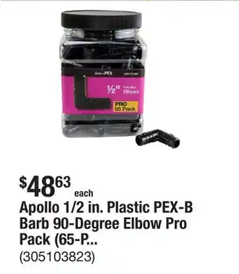 The Home Depot Apollo 1/2 in. Plastic PEX-B Barb 90-Degree Elbow Pro Pack (65-Pack) offer