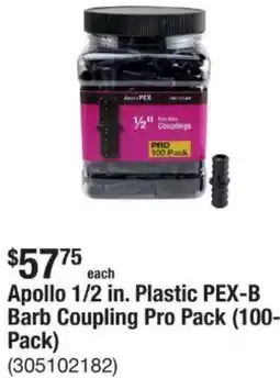 The Home Depot Apollo 1/2 in. Plastic PEX-B Barb Coupling Pro Pack offer