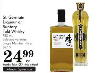 Pavilions St. Germain Liqueur or Suntory Toki Whisky offer