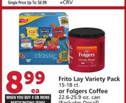 Vons Frito Lay Variety Pack 15-18 ct. or Folgers Coffee 22.6-25.9 oz. can offer