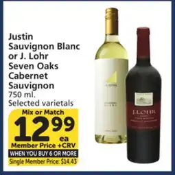 Albertsons Justin Sauvignon Blanc or J. Lohr Seven Oaks Cabernet Sauvignon offer
