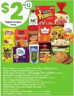 Albertsons Post Cereal 10-16.6 oz., Old El Paso Taco Shells 4.6-6.6 oz. Betty Crocker Instant Potatoes 4.5-5 oz. Puffs Facial Tissue 48 offer