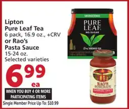 Albertsons Lipton Pure Leaf Tea 6 pack, 16.9 oz. or Rao's Pasta Sauce 15-24 oz offer