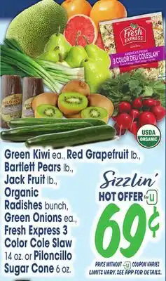 Jewel-Osco Green Kiwi ea., Red Grapefruit lb., Bartlett Pears lb., Jack Fruit lb., Organic Radishes bunch, Green Onions ea, Fresh Expres offer