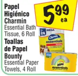 El Super Charmin Essential Bath Tissue, 6 Roll, Bounty Essential Paper Towels, 4 Roll offer