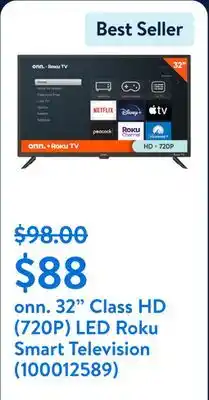 Walmart onn. 32 Class HD (720P) LED Roku Smart Television (100012589) offer