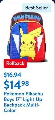 Walmart Pokemon Pikachu Boys 17 Light Up Backpack Multi-Color offer