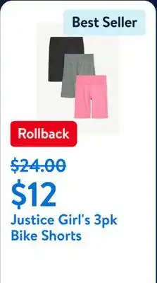 Walmart Justice Girl's 3pk Bike Shorts offer