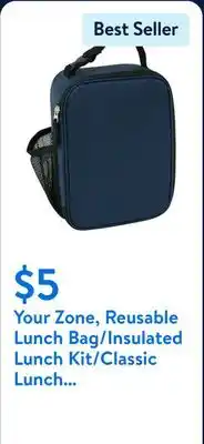 Walmart Your Zone, Reusable Lunch Bag/Insulated Lunch Kit/Classic Lunch Box, with Handles and Side Pocket offer