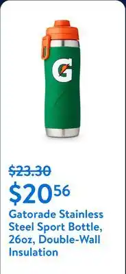 Walmart Gatorade Stainless Steel Sport Bottle, 26oz, Double-Wall Insulation offer