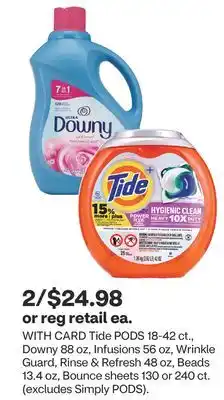 CVS Tide PODS 18-42 ct., Downy 88 oz, Infusions 56 oz, Wrinkle Guard, Rinse & Refresh 48 oz, Beads 13.4 oz, Bounce sheets 130 or offer