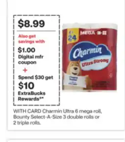 CVS Charmin Ultra 6 mega roll, Bounty Select-A-Size 3 double rolls or 2 triple rolls offer