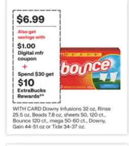 CVS Downy Infusions 32 oz, Rinse 25.5 oz, Beads 7.8 oz, sheets 50, 120 ct., Bounce 120 ct., mega 50-60 ct., Downy, Gain 44-51 oz offer