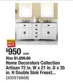 The Home Depot Home Decorators Collection Artisan 72 in. W x 21 in. D x 35 in. H Double Sink Freestanding Bath Vanity in White with Black Ma offer