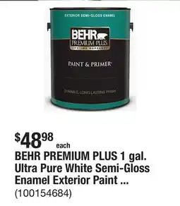 The Home Depot BEHR PREMIUM PLUS 1 gal. Ultra Pure White Semi-Gloss Enamel Exterior Paint & Primer offer