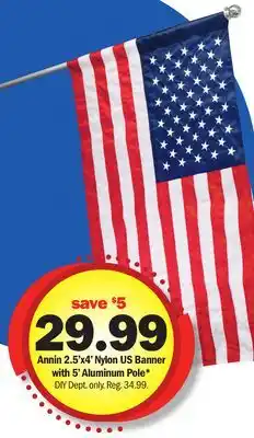 Annin 2.5'x4' Nylon US Banner with 5' Aluminum Pole