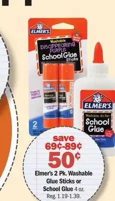 Meijer Elmer's 2 Pk. Washable Glue Sticks or School Glue offer
