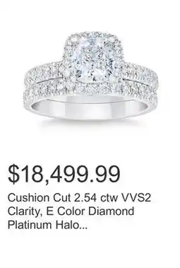 Costco Cushion Cut 2.54 ctw VVS2 Clarity, E Color Diamond Platinum Halo Wedding Set offer