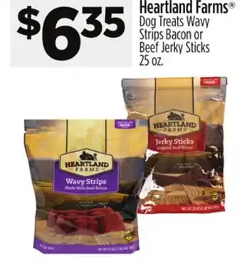 Dollar General Heartland Farms Dog Treats Wavy Strips Bacon or Beef Jerky Sticks offer