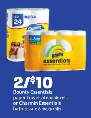 Hy-Vee Bounty Essentials paper towels 4 double rolls or Charmin Essentials bath tissue 6 mega rolls offer