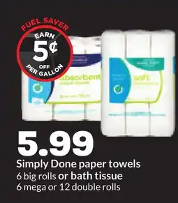 Hy-Vee Simply Done paper towels 6 big rolls or bath tissue 6 mega or 12 double rolls offer