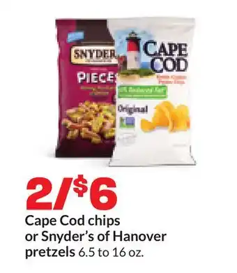 Hy-Vee Cape Cod chips or Snyder's of Hanover pretzels offer