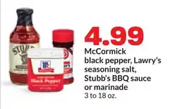 Hy-Vee McCormick black pepper, Lawry's seasoning salt, Stubb's BBQ sauce or marinade offer