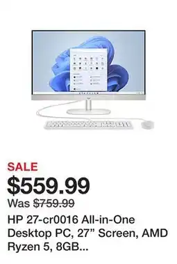 Office Depot HP 27-cr0016 All-in-One Desktop PC, 27 Screen, AMD Ryzen 5, 8GB Memory, 512GB Solid State Drive, Wi-Fi 6, Windows 11 offer