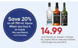 Stater Bros Jack Daniel's, el Jimador or Proper No. Twelve offer