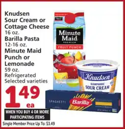 Albertsons Knudsen Sour Cream or Cottage Cheese 16 oz. Barilla Pasta 12-16 oz. Minute Maid Punch or Lemonade 59 oz offer