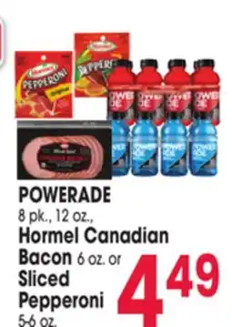 Jewel-Osco POWERADE 8 pk., 12 oz., Hormel Canadian Bacon 6 oz. or Sliced Pepperoni 5-6 oz offer