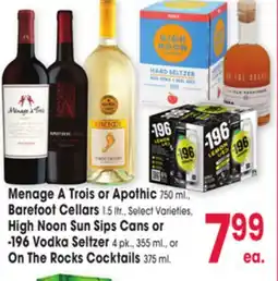 Jewel-Osco Menage A Trois or Apothic 750 ml., Barefoot Cellars 1.5 tr., Select Varieties. High Noon Sun Sips Cans or -196 Vodka Seltzer offer