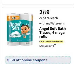Walgreens Angel Soft Bath Tissue, 6 mega rolls offer