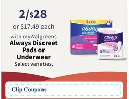 Walgreens Always Discreet Pads or Underwear offer