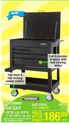 Menards Performax 30 5-Drawer Rolling Tool Cart offer