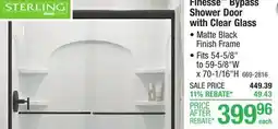 Menards Sterling Finesse 54-5/8 - 59-5/8W x 70-1/16H Matte Black Semi-Frameless Bypass Shower Door with Clear Glass offer