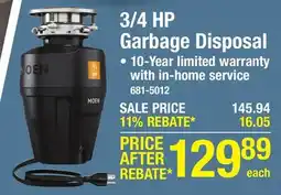Menards Moen Host 3/4 HP Garbage Disposal offer