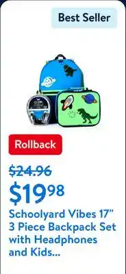 Walmart Schoolyard Vibes 17 3 Piece Backpack Set with Headphones and Kids Lunch Box offer