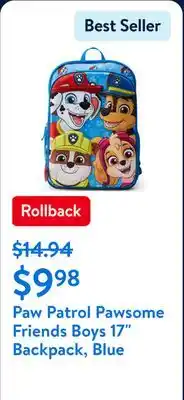 Walmart Paw Patrol Pawsome Friends Boys 17 Backpack, Blue offer