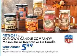 Boscov's OUR OWN CANDLE COMPANY Mason Jar or Decorative Tin Candle offer