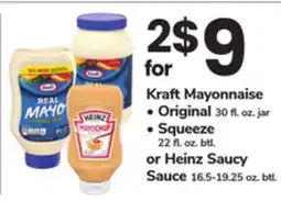 ACME Kraft Mayonnaise Original 30 fl. oz. jar, Squeeze 22 fl. oz. btl. or Heinz Saucy Sauce 16.5-19.25 oz. btl offer