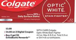 CVS Colgate Optic White Stain Fighter 4.2 oz, Max 6-6.3 oz, Total 3.3 oz or 2in1 4.6 oz toothpaste offer