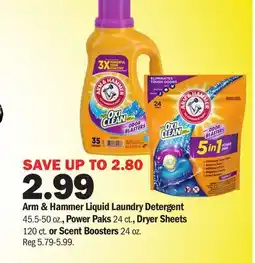 Meijer Arm & Hammer Liquid Laundry Detergent 45.5-50 oz., Power Paks 24 ct., Dryer Sheets 120 ct. or Scent Boosters* 24 oz offer