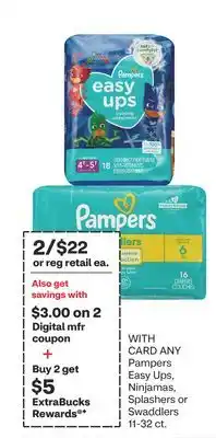 CVS ANY Pampers Easy Ups, Ninjamas, Splashers or Swaddlers 11-32 ct offer