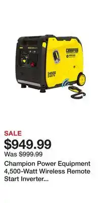 BJ’s Champion Power Equipment 4,500-Watt Wireless Remote Start Inverter Generator with Quiet Technology and CO Shield offer
